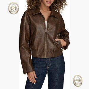 Faux Leather Bomber Jacket with Laydown Collar and Adjustable Cuffs